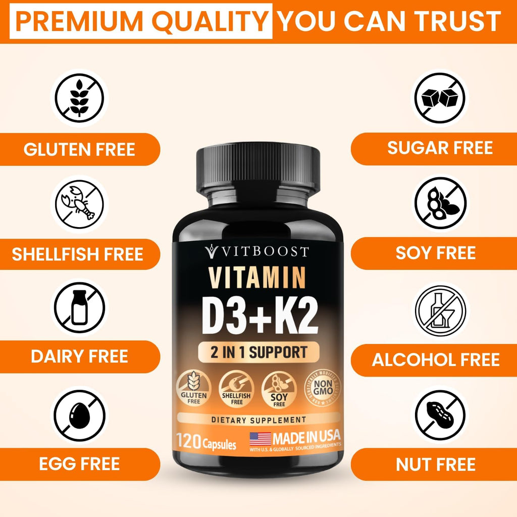 VITBOOST Complejo Vitamina D3 y K2 - 5000 UI D3 (125 mcg) + 90 mcg K2 MK-7 | 120 Cápsulas | No GMO | Sin Gluten