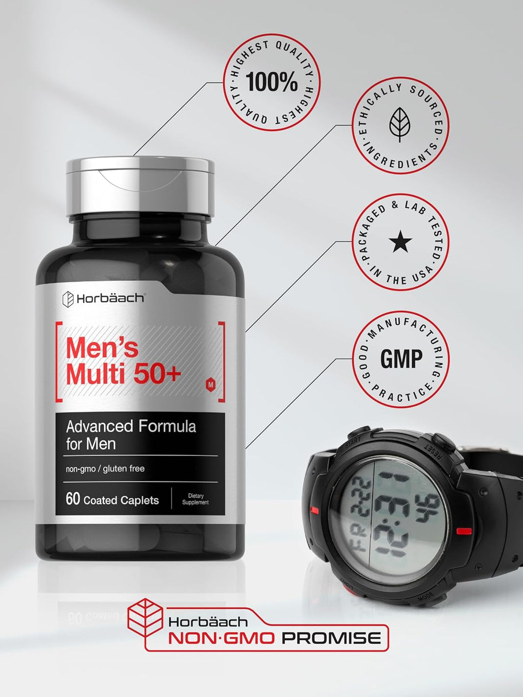 Horbäach Multivitamínico para Hombres 50+ | 60 Comprimidos | Fórmula Avanzada con Calcio, Magnesio, Vitaminas A, B, C, D y E | Sin Gluten y No-GMO