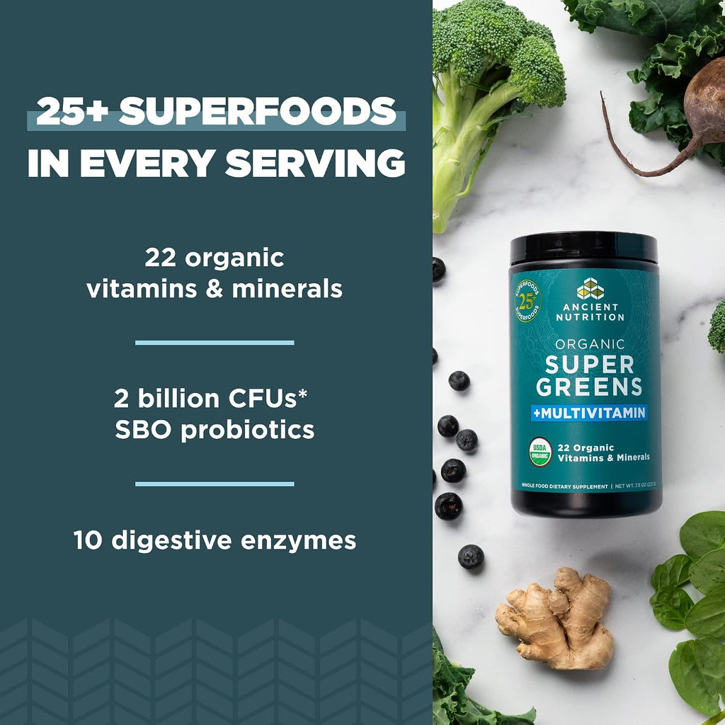 Ancient Nutrition Polvo de Vitaminas con Supergreens Orgánico - 25 Servicios