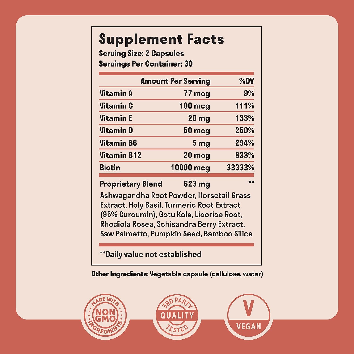 Biotina 10000 mcg con Vitaminas y Adaptógenos - Suplemento para Cabello, Piel y Uñas | Vegano, Sin Gluten, 60 Cápsulas