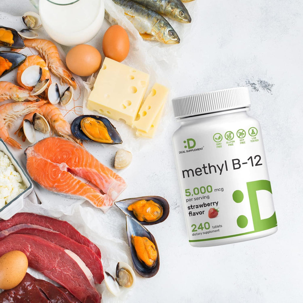 DEAL SUPPLEMENT Methyl B-12 5000 mcg, 240 Comprimidos Masticables | Forma Activa - Sabor Fresa - Energía y Función Cerebral - Vegano y Sin OGM