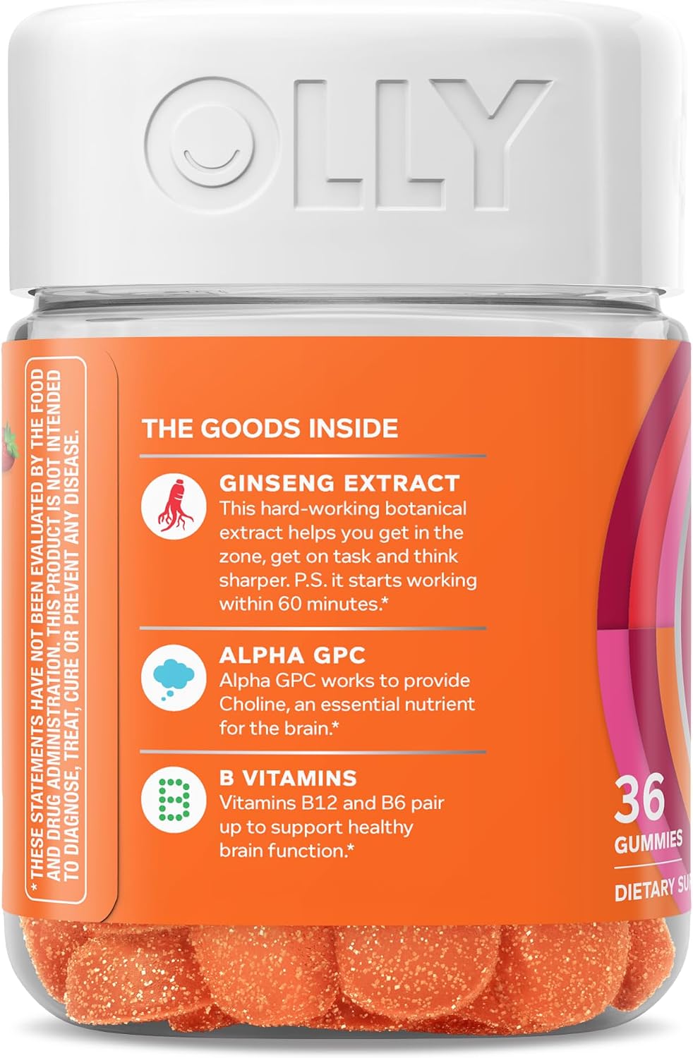 OLLY Laser Focus Gummy - Gominolas para la Concentración con Ginseng, Alfa GPC y Vitaminas B - Sabor Bayas y Mandarina - 36 Gominolas