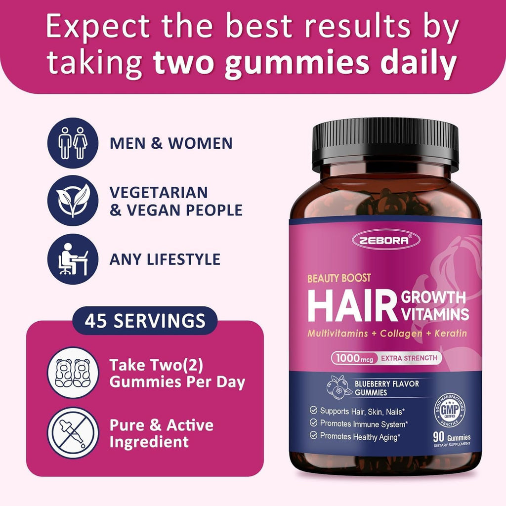 ZEBORA Biotin Gummies con Ácido Hialurónico, Queratina y Colágeno – Vitaminas para Cabello, Piel y Uñas – 90 Gominolas