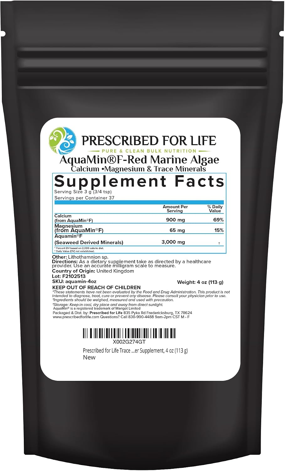 Prescribed For Life Aquamin en Polvo - Algas Rojas, Calcio y Magnesio Vegetal, 72 Minerales Traza, No OGM (2 kg)