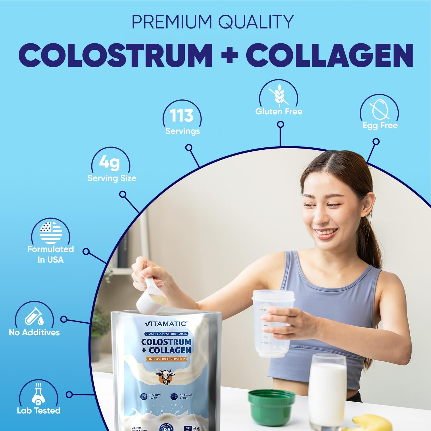 Vitamatic Colostro Bovino + Colágeno en Polvo - 454g (16 oz)
