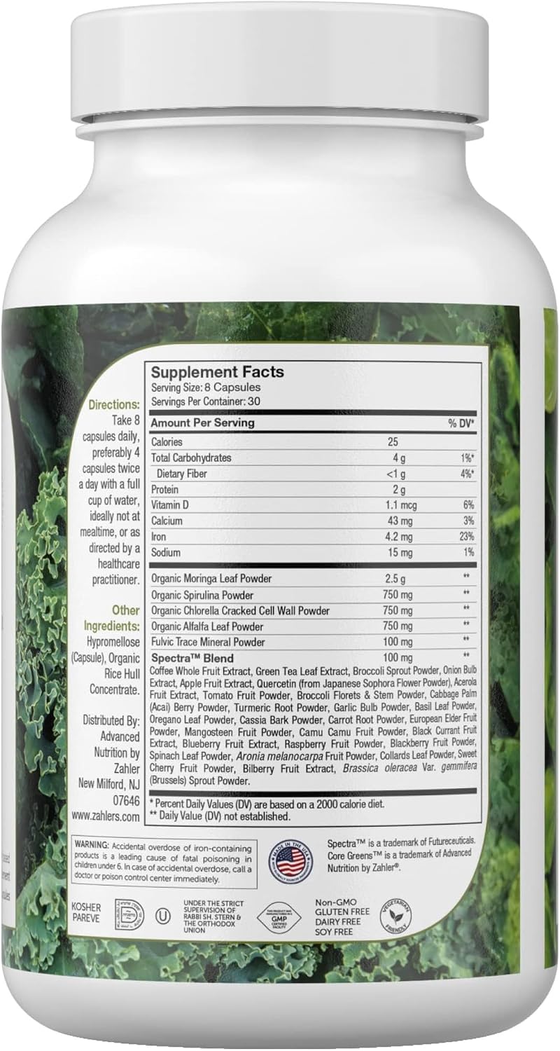 Zahler Core Greens, Cápsulas de Superalimentos Verdes, con Espirulina, Chlorella y Spectra Blend, 240 Cápsulas