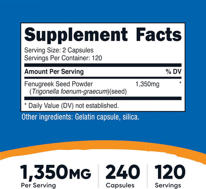 Nutricost Semilla de Fenogreco 1350mg, 240 – 1350 mg de fenogreco por dosis (675 mg por cápsula). – Image 2