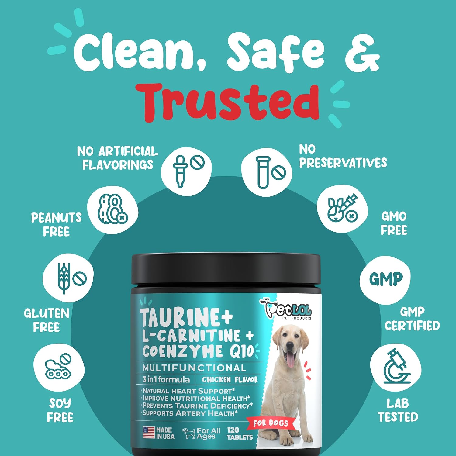 PET LOL Taurina para Perros con L-Carnitina y CoQ10, 120 Comprimidos Masticables