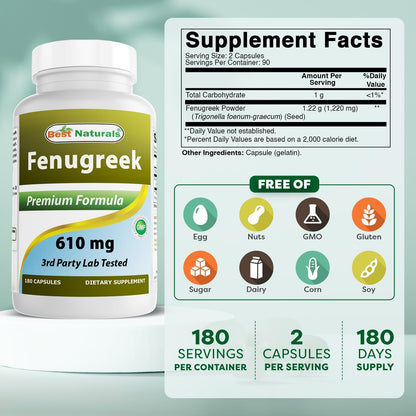 Best Naturals Fenogreco Semilla 610 mg 180 – ¿Este producto contiene gluten? No, es libre de gluten y apto para – Image 2
