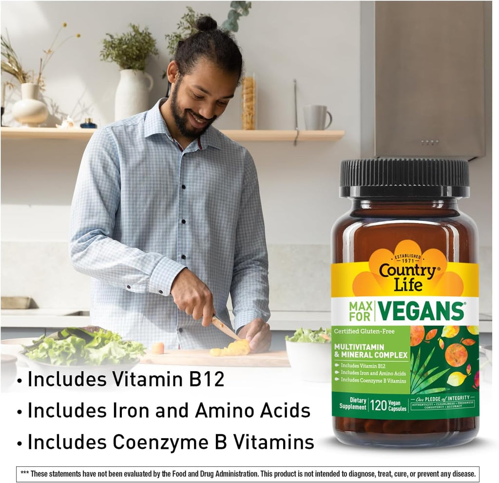 Country Life Max for Vegans - 120 Cápsulas Veganas - Multivitamínico Diario - Apoyo Inmunitario - Con Vitamina B12, Hierro, Aminoácidos, Coenzimas B - Sin Gluten