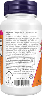 NOW Foods Sun-E 400 UI Vitamina E con d-alfa Tocoferol de Aceite de Girasol No Transgénico, 60 Cápsulas Blandas