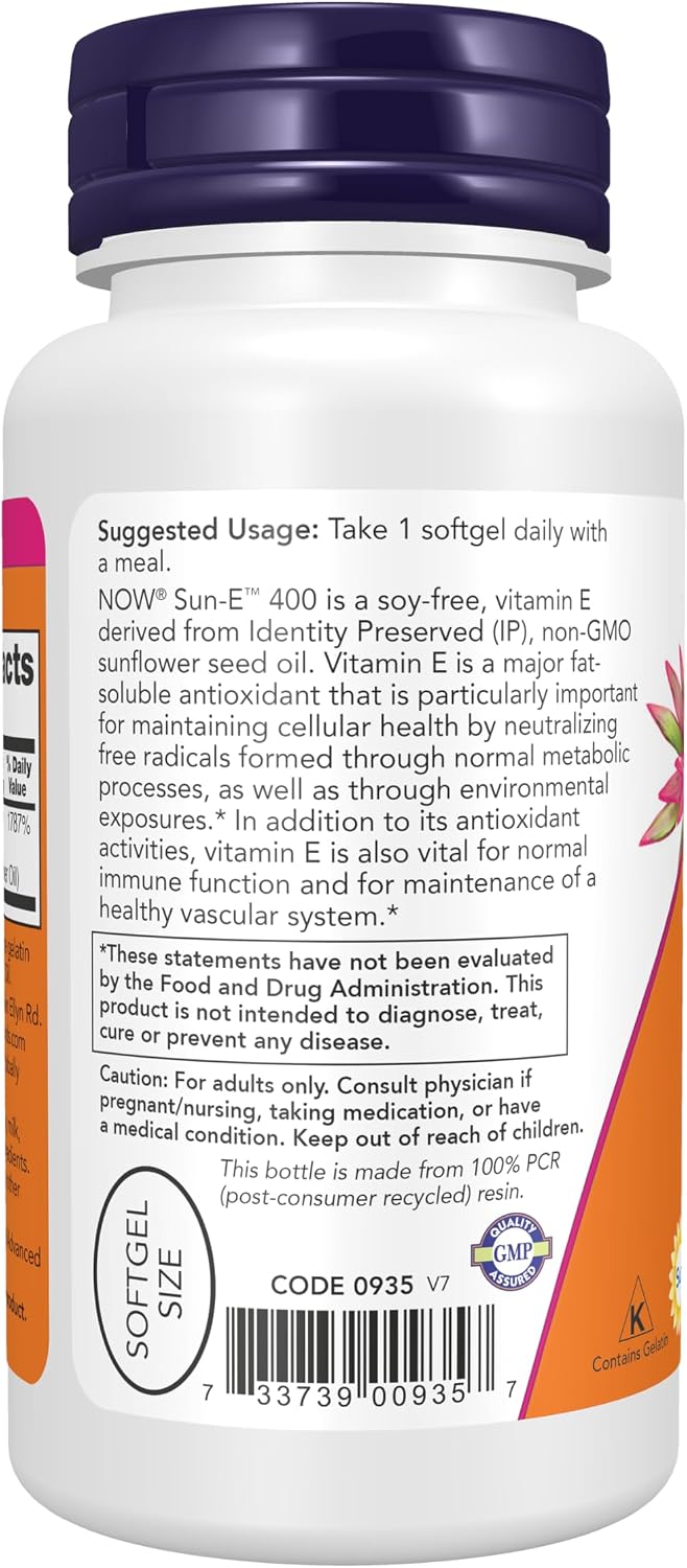 NOW Foods Sun-E 400 UI Vitamina E con d-alfa Tocoferol de Aceite de Girasol No Transgénico, 60 Cápsulas Blandas