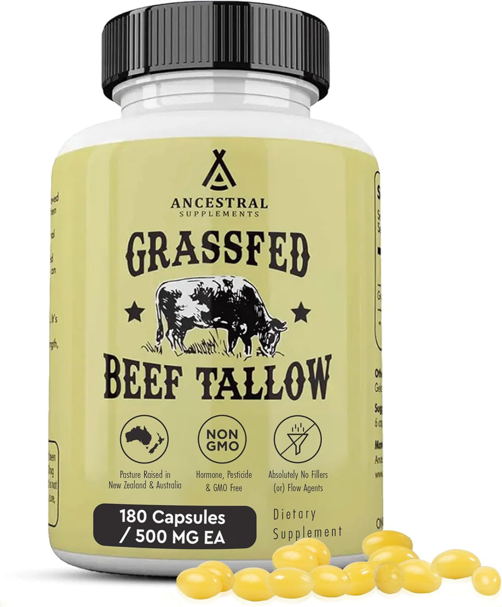 Ancestral Supplements Cápsulas de Sebo de Res Grass Fed, 3000 mg, 180 Cápsulas