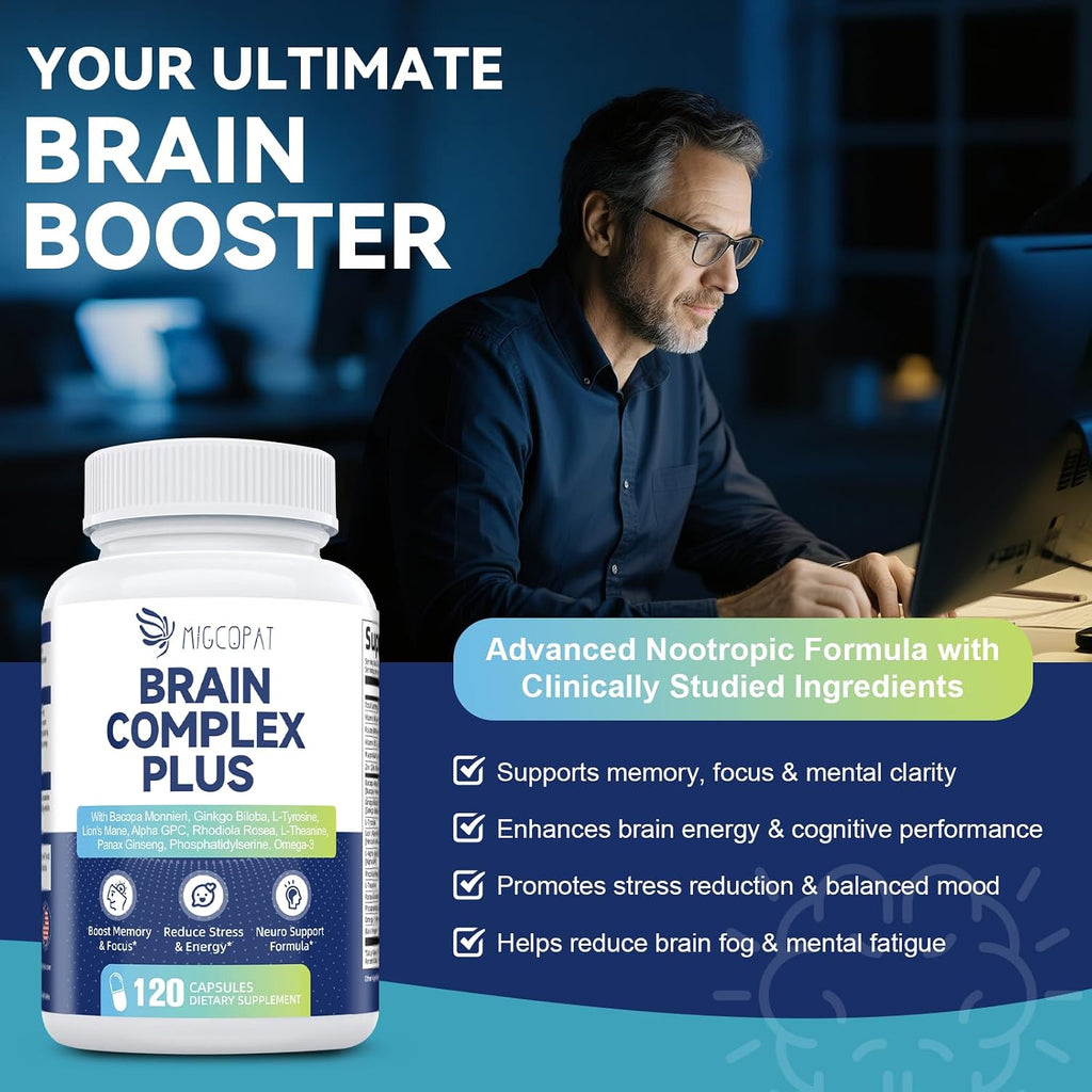 Suplemento Cerebral con Bacopa Monnieri, Lion's Mane y Alpha GPC - Apoya Memoria y Concentración - 120 Cápsulas
