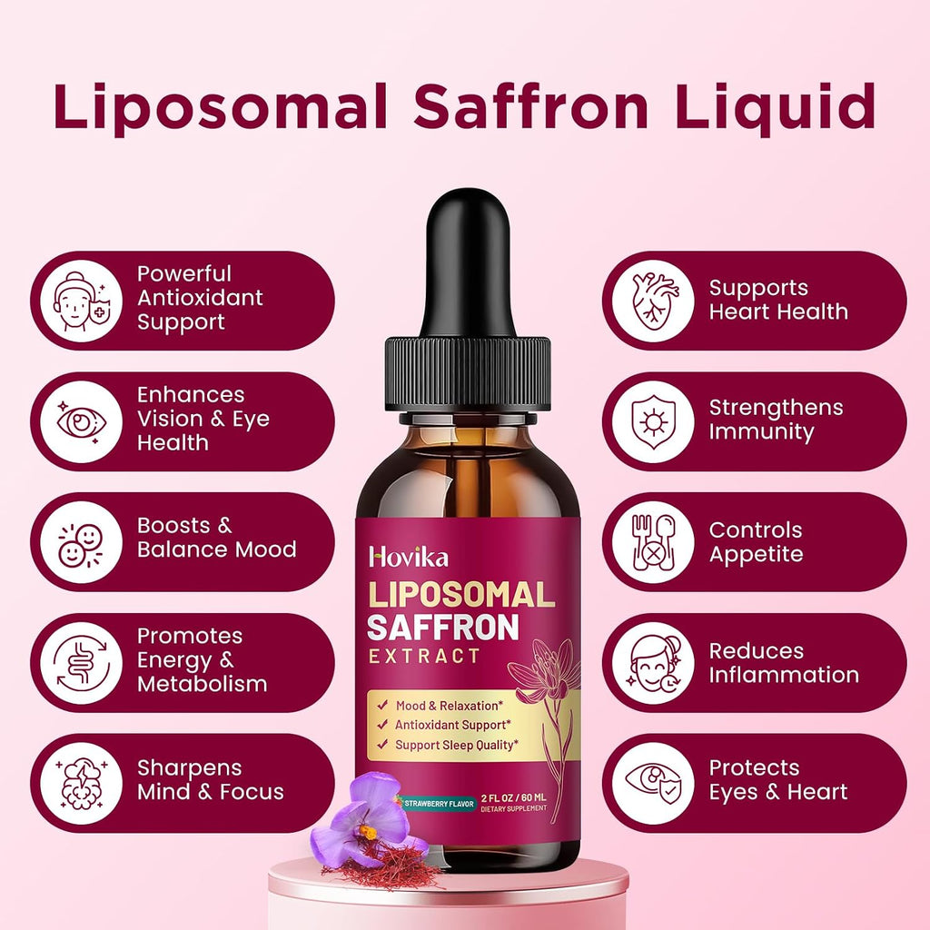 Hovika Suplemento de Azafrán Liposomal - 88.5 mg Extracto de Azafrán con L-Teanina, Manzanilla, Vitaminas C, B6, B12 y D3 - Apoyo al Estado de Ánimo, Energía y Enfoque - 60 ml Sabor Fresa