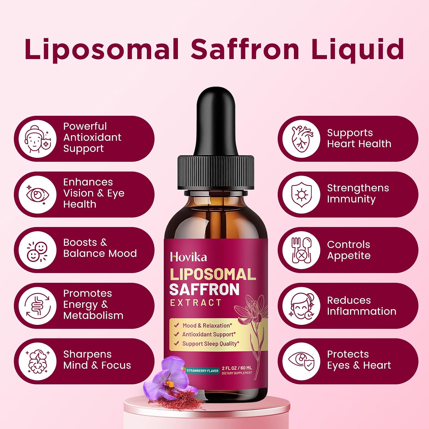 Hovika Suplemento de Azafrán Liposomal - 88.5 mg Extracto de Azafrán con L-Teanina, Manzanilla, Vitaminas C, B6, B12 y D3 - Apoyo al Estado de Ánimo, Energía y Enfoque - 60 ml Sabor Fresa
