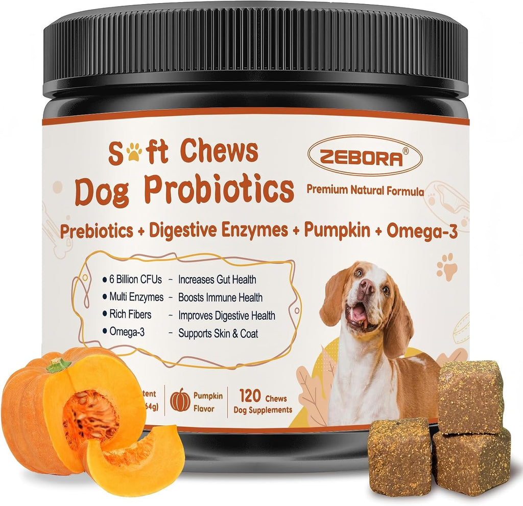 ZEBORA Probióticos para Perros - Masticables de Calabaza para Salud Digestiva e Inmunidad, 120 unidades