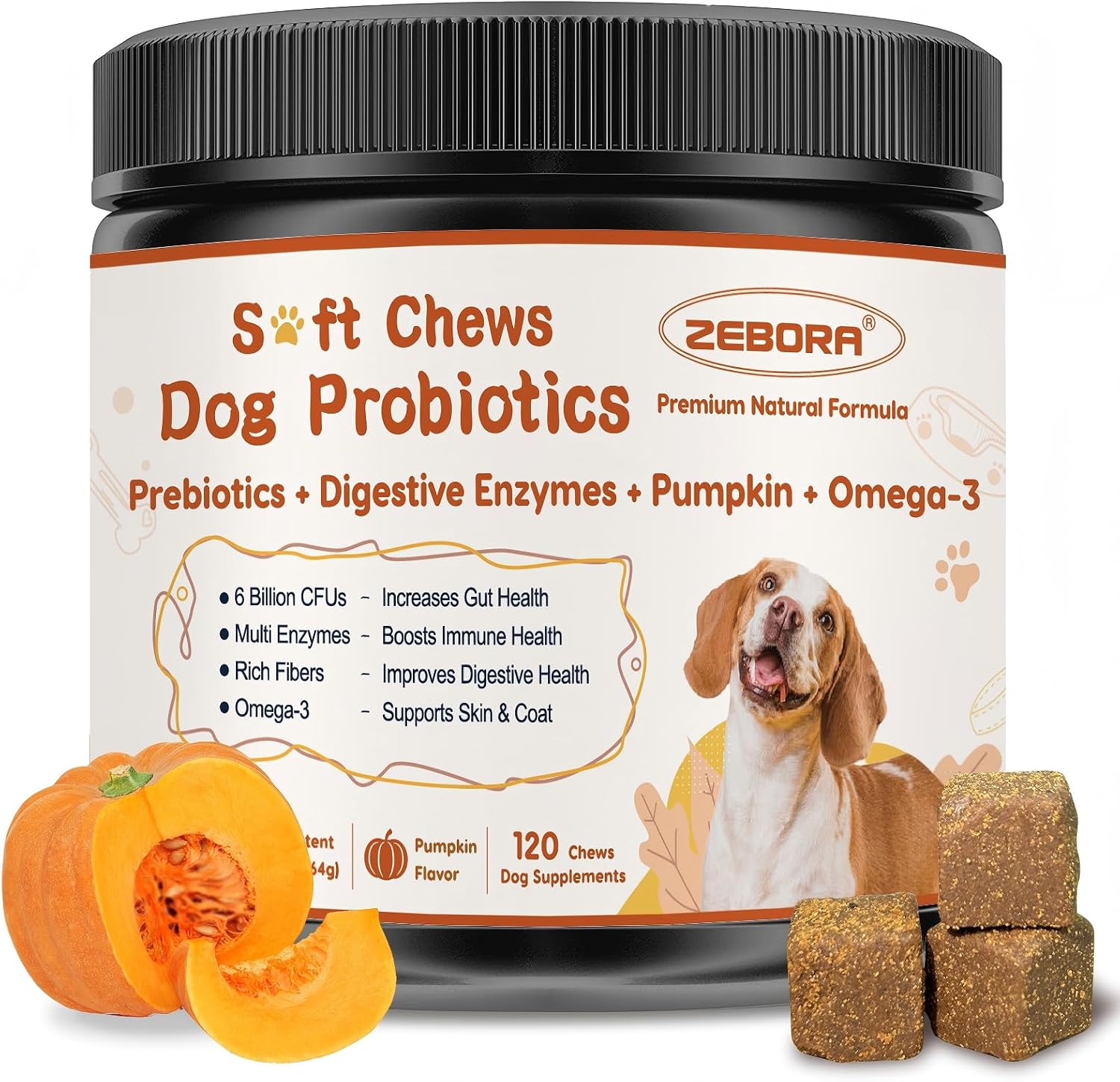 ZEBORA Probióticos para Perros - Masticables de Calabaza para Salud Digestiva e Inmunidad, 120 unidades