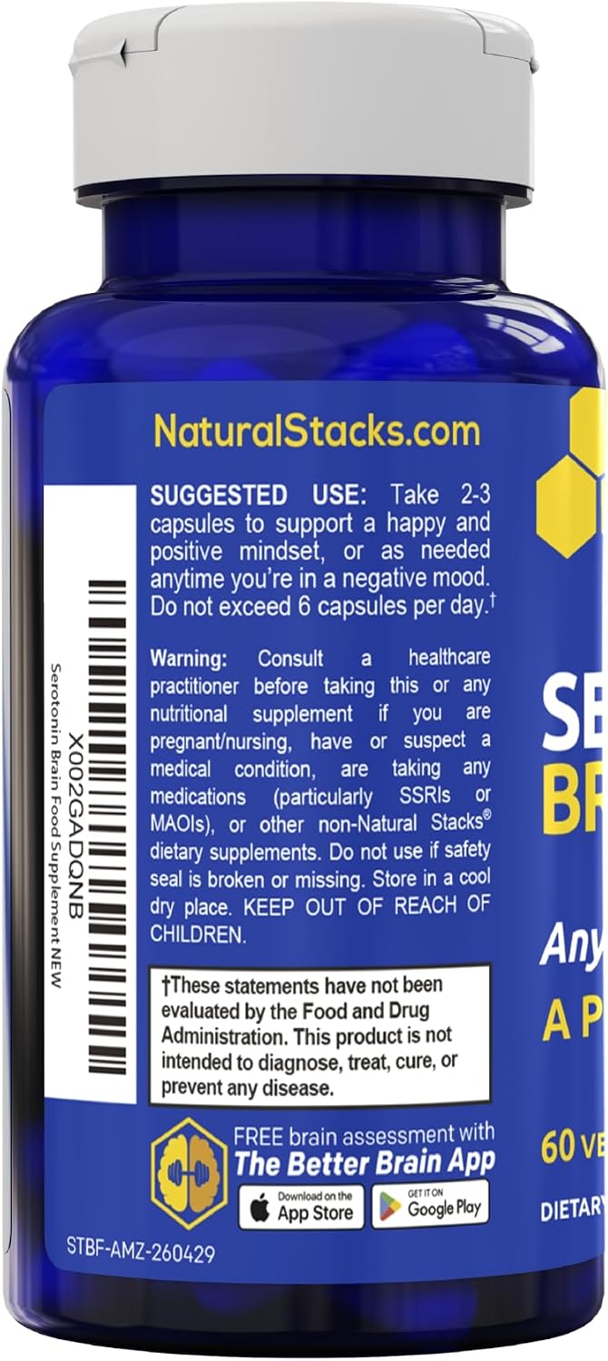 Serotonin Brain Food - 1250mg L-Tryptophan & 400mg Rhodiola Rosea - Apoyo al Estado de Ánimo - 60 Cápsulas