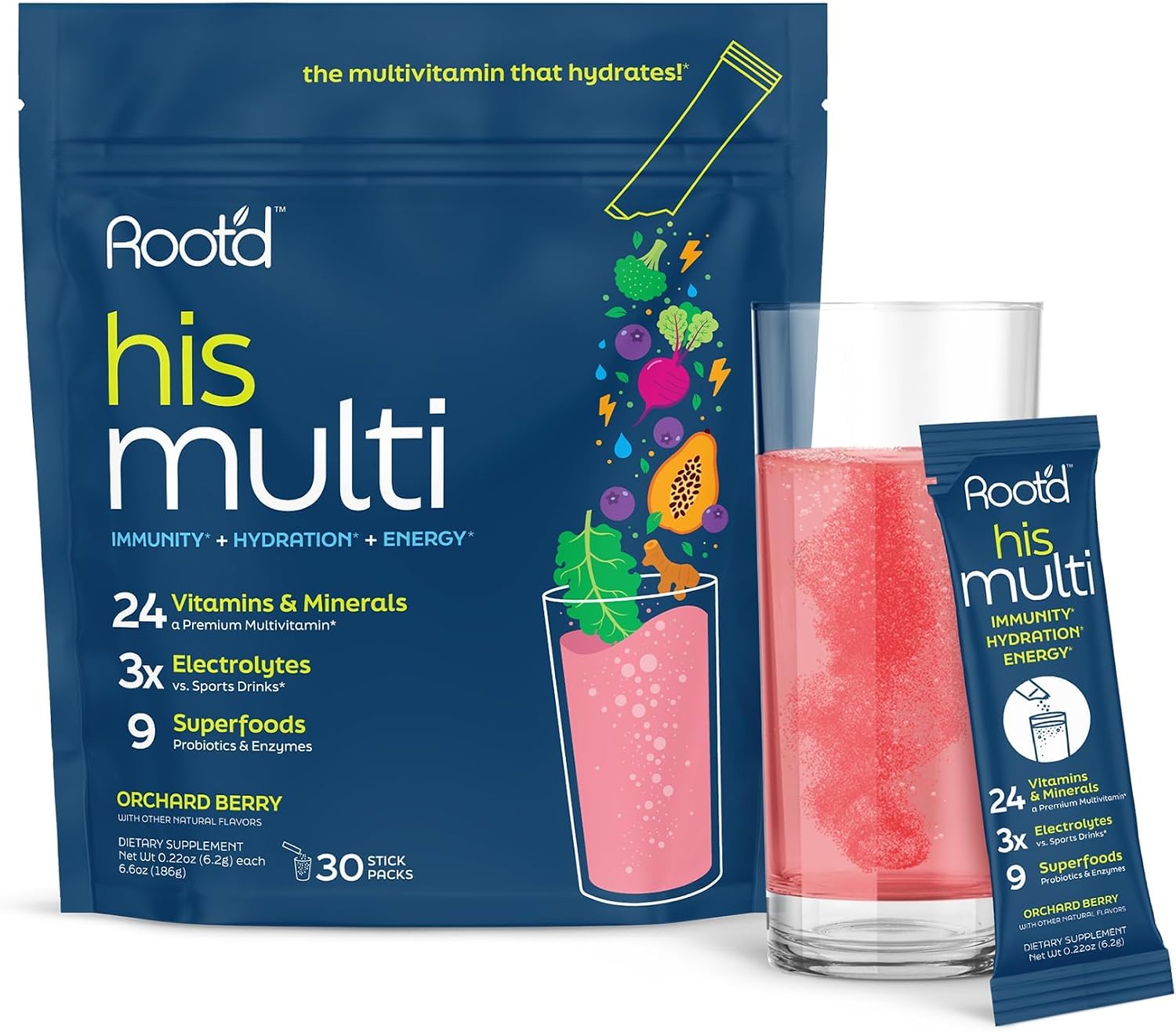 Root'd Multivitamínico en Polvo con 3X Electrolitos para Mujeres - 25 Vitaminas y Minerales, 9 Superalimentos Orgánicos, Probióticos y Enzimas | 24 Sobres