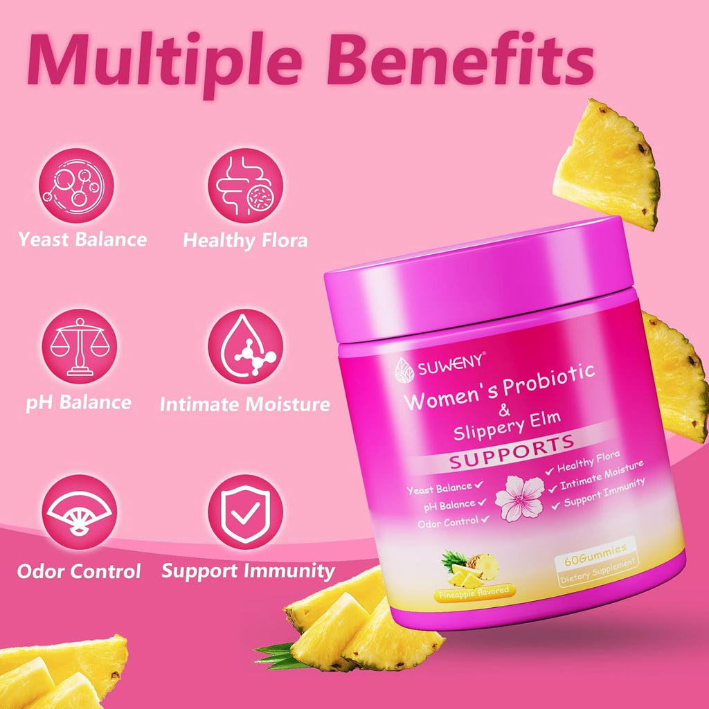 Her Juicy Feminine Probiotics Gummies, Salud Femenina - Apoya el Equilibrio del pH, con Olmo Resbaladizo, Prebióticos y Mezcla de Lactobacillus, Sabor a Piña - 60 Gominolas