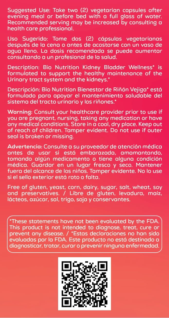 Bio Nutrition Kidney Bladder Wellness, 60 Cápsulas Vegetales