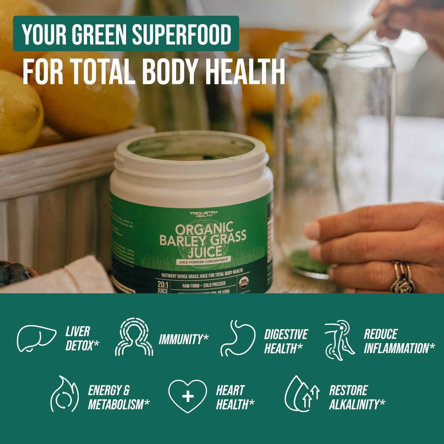 Organic Barley Grass Juice Powder - Cultivado en Suelo Volcánico de Utah - Forma Cruda y Bioactiva, Prensado en Frío y Secado con CO₂ – Sin Gluten, Sin OGM, Vegano - Complementa el Polvo de Jugo de Wheatgrass - 150 g