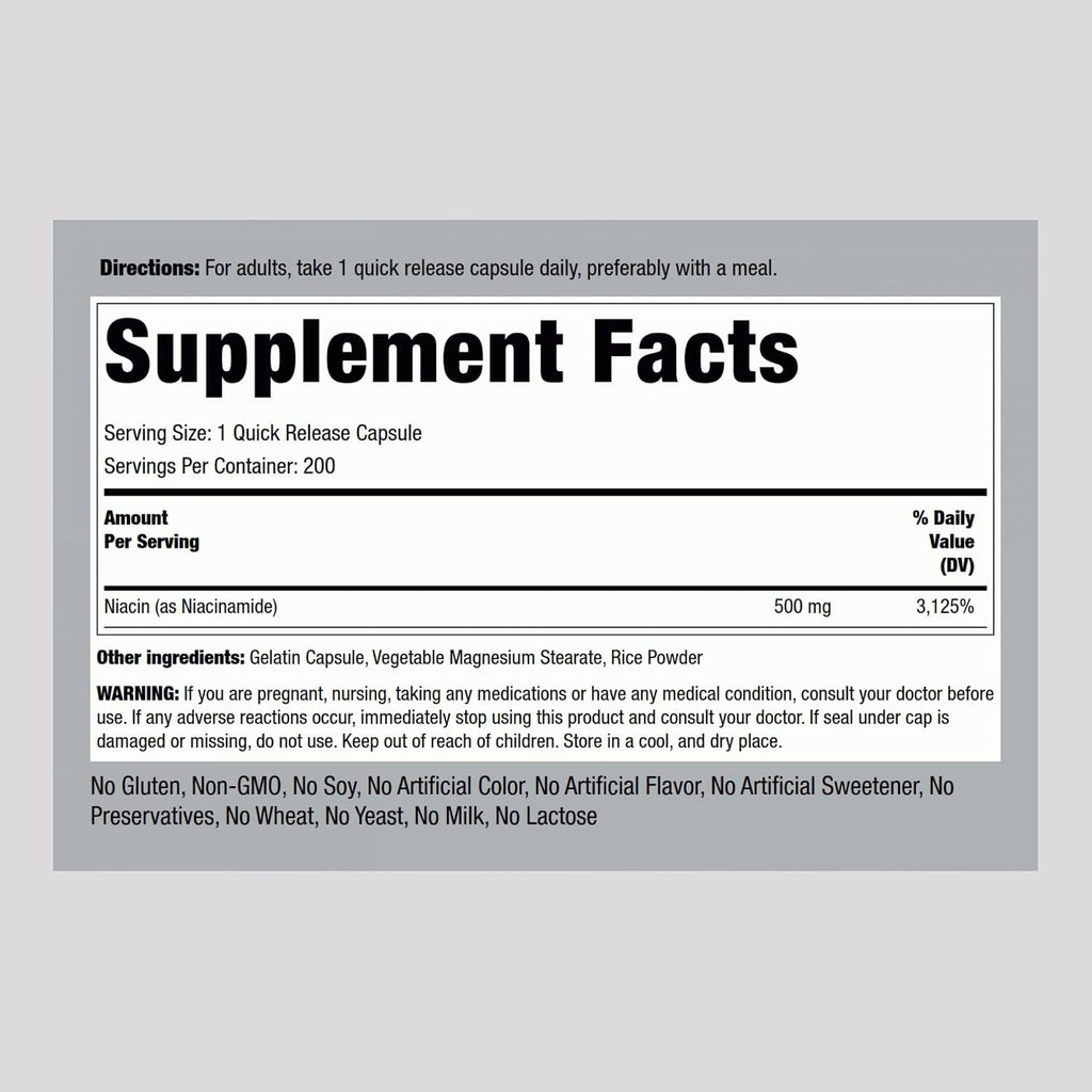 Piping Rock Niacinamida 500 mg, 200 Cápsulas