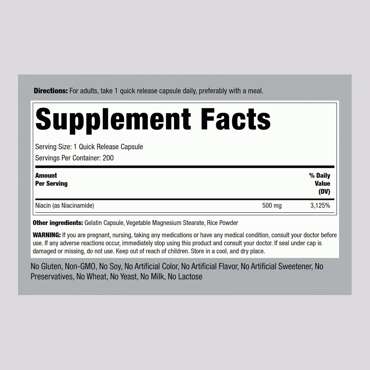 Piping Rock Niacinamida 500 mg, 200 Cápsulas