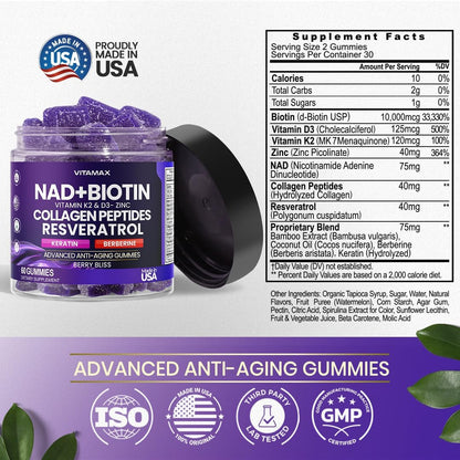 Vitamax Gominolas Antiedad NAD+ Resveratrol – NAD+ (Nicotinamida Adenina Dinucleótido): Coenzima esencial para el – Image 5