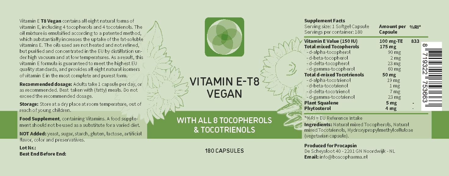 Fórmula Vegana Única con los 8 Tocoferoles y Tocotrienoles de Vitamina E – Sin PAH, Metales Pesados, Contaminantes ni Conservantes - Certificado Sostenible - Cabello, Cicatrices y Piel (180)