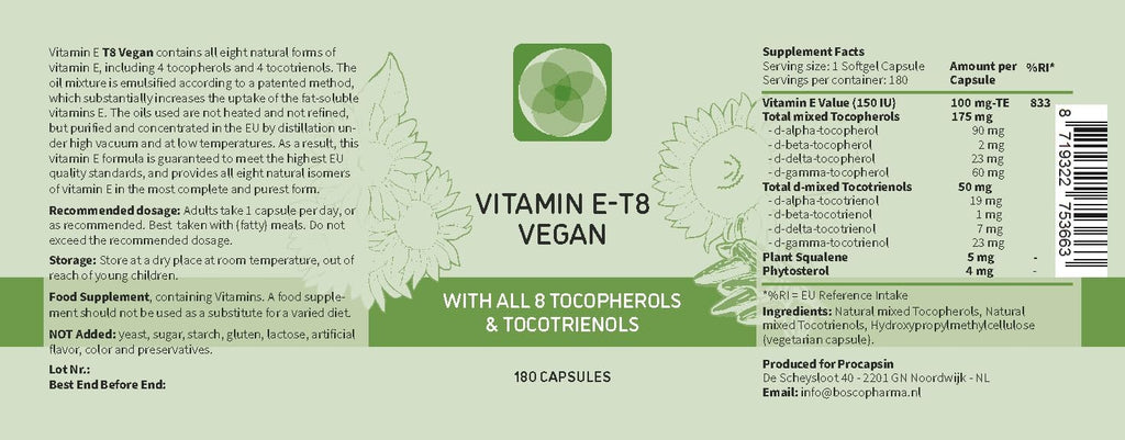Fórmula Vegana Única con los 8 Tocoferoles y Tocotrienoles - Vitamina E (180 cápsulas)