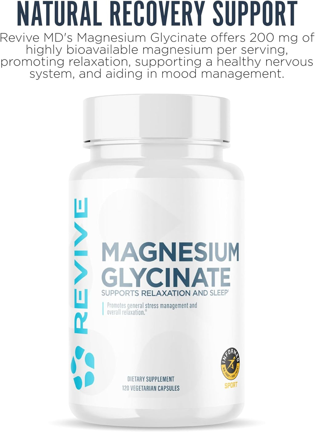 Revive MD Magnesio Glicinato Puro 200 mg – Alta Absorción para Relax y Sueño (120 Cápsulas)