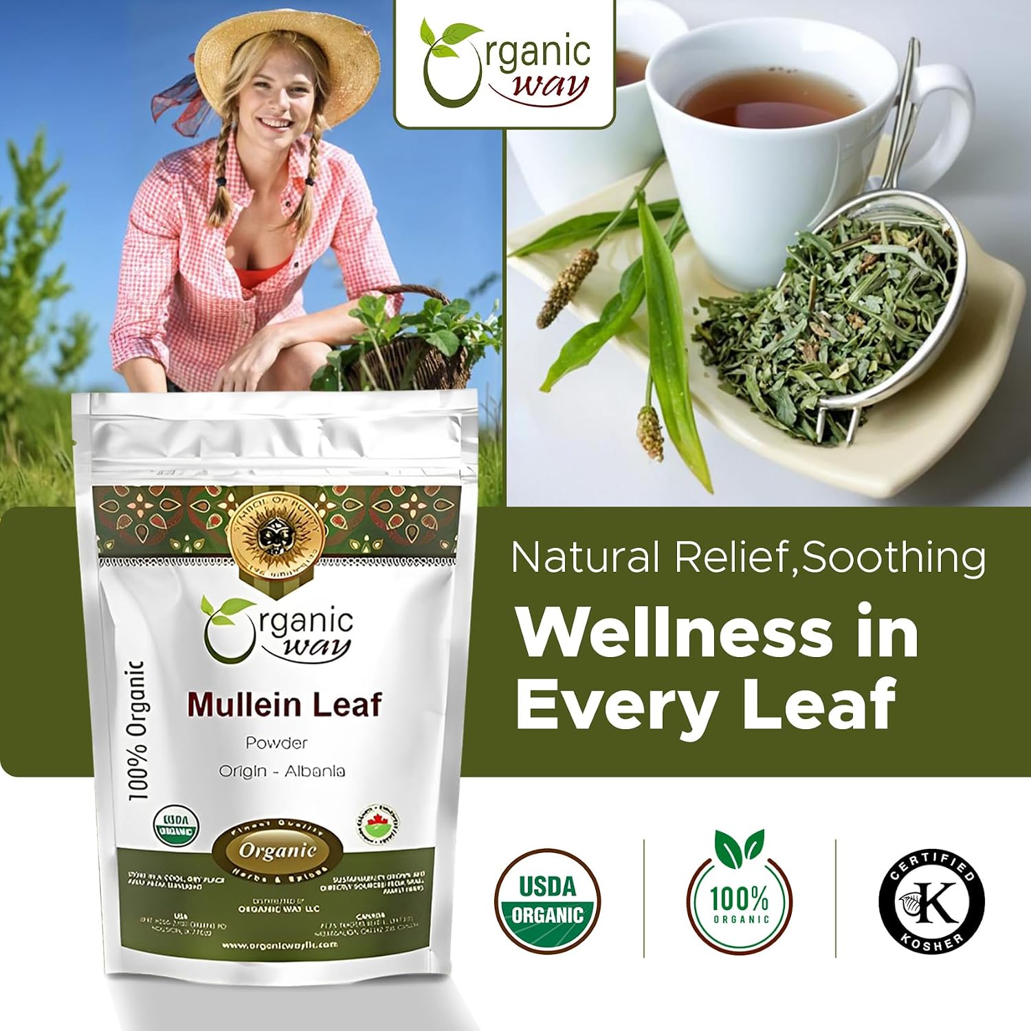Organic Way Polvo de Hoja de Gordolobo (Verbascum thapsus) - Cosecha Silvestre Europea | Orgánico y Kosher | Vegano, No OGM y Sin Gluten | Certificado USDA | Origen - Albania (227 g)
