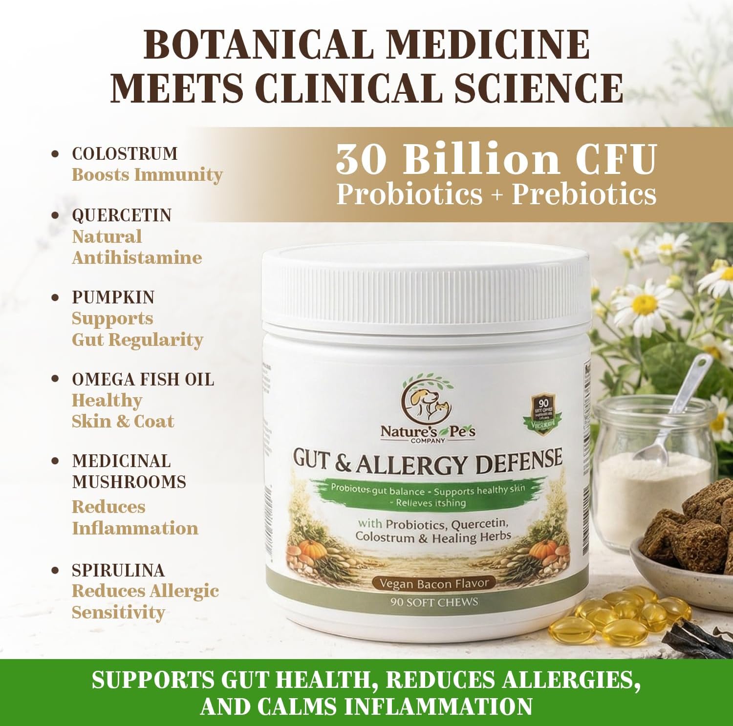 30 Billion CFU PROBIOTICS- One a Day Gut & Allergy Defense for Dogs with PREBIOTICS, QUERCETIN, Colostrum, Turmeric, Mushrooms - Itchy Skin, Allergy & Digestive Support - 90 Chews - Made in USA
