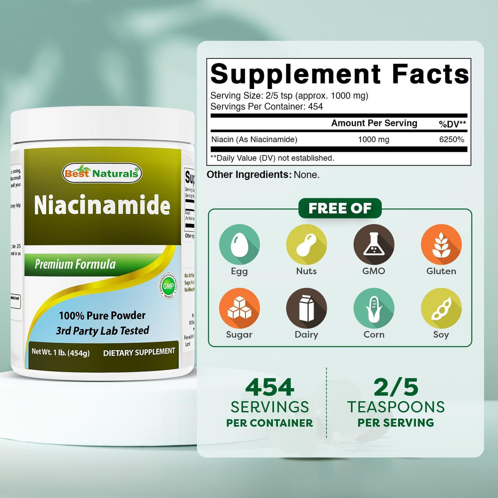 Best Naturals Niacinamida (Vitamina B3) Polvo Puro 1 Libra