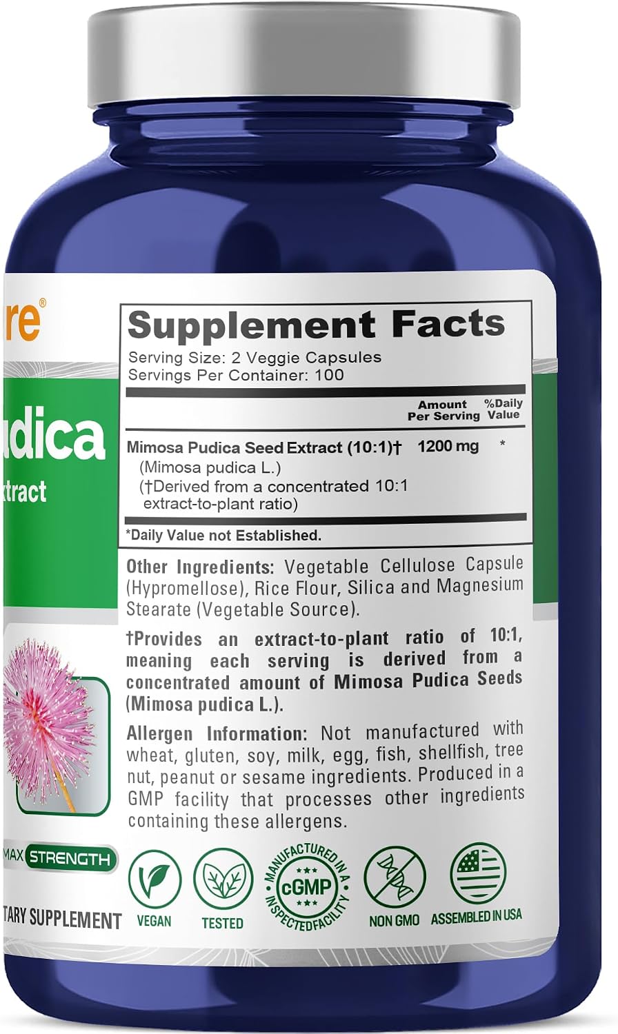 NusaPure Mimosa Pudica Cápsulas, 1200 mg, 200 Cápsulas Veganas (No Transgénico, Vegano)