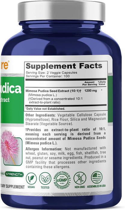 NusaPure Mimosa Pudica Cápsulas, 1200 mg, 200 Cápsulas Veganas (No Transgénico, Vegano) – Image 2
