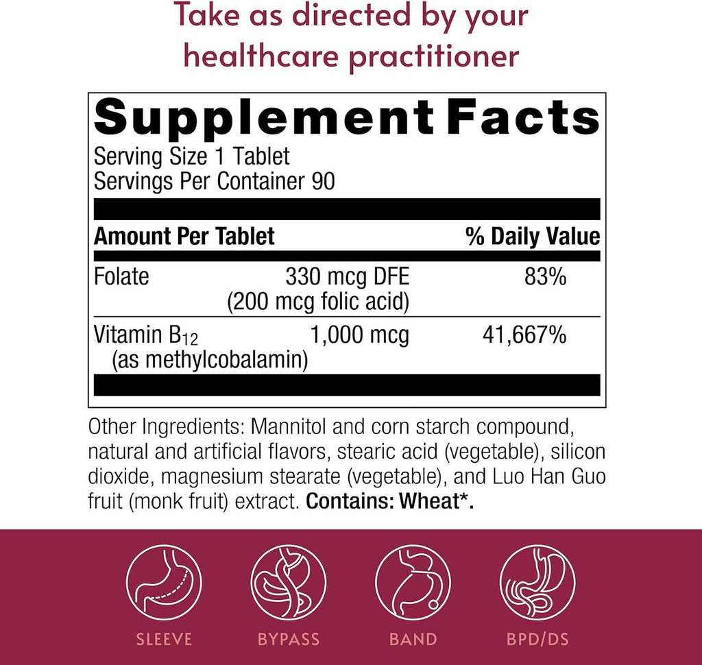 Bariatric Advantage SpeedyMelts B12 1000 mcg – Comprimidos de disolución rápida con ácido fólico, sabor menta, 90 unidades