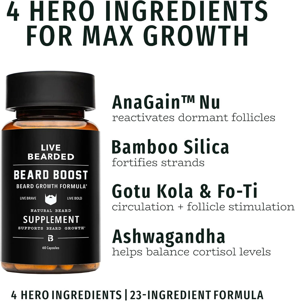 Live Bearded Beard Boost – Suplemento para el crecimiento de la barba, biotina 5000mcg