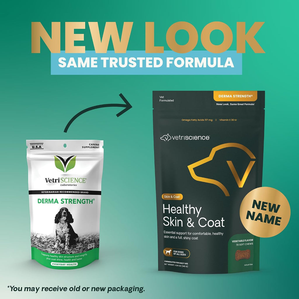 VetriScience Derma Strength Masticables para Piel y Pelo de Perros, con Aceite de Salmón, 70 unidades