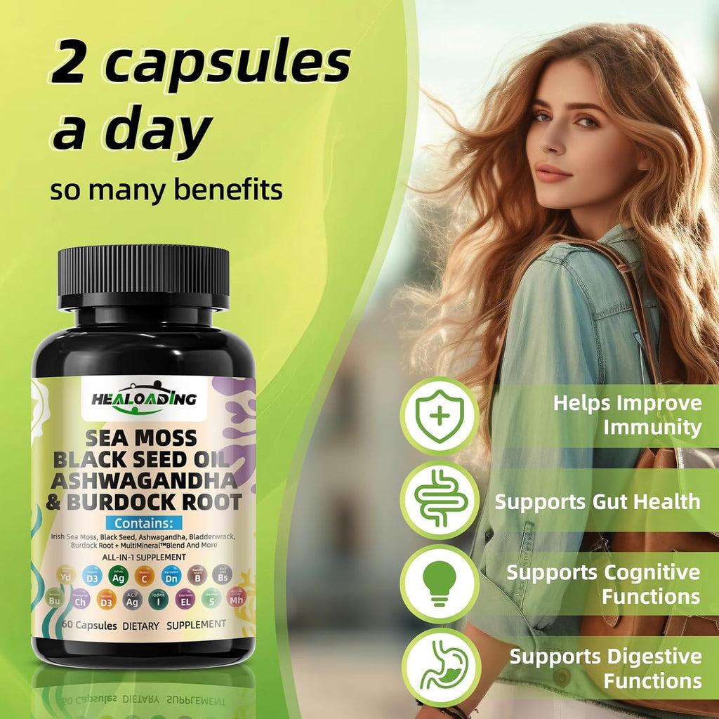 HEALOADING Cápsulas de Musgo Marino Silvestre y Vejiga de Mar - 350mg - Vegano, No OGM