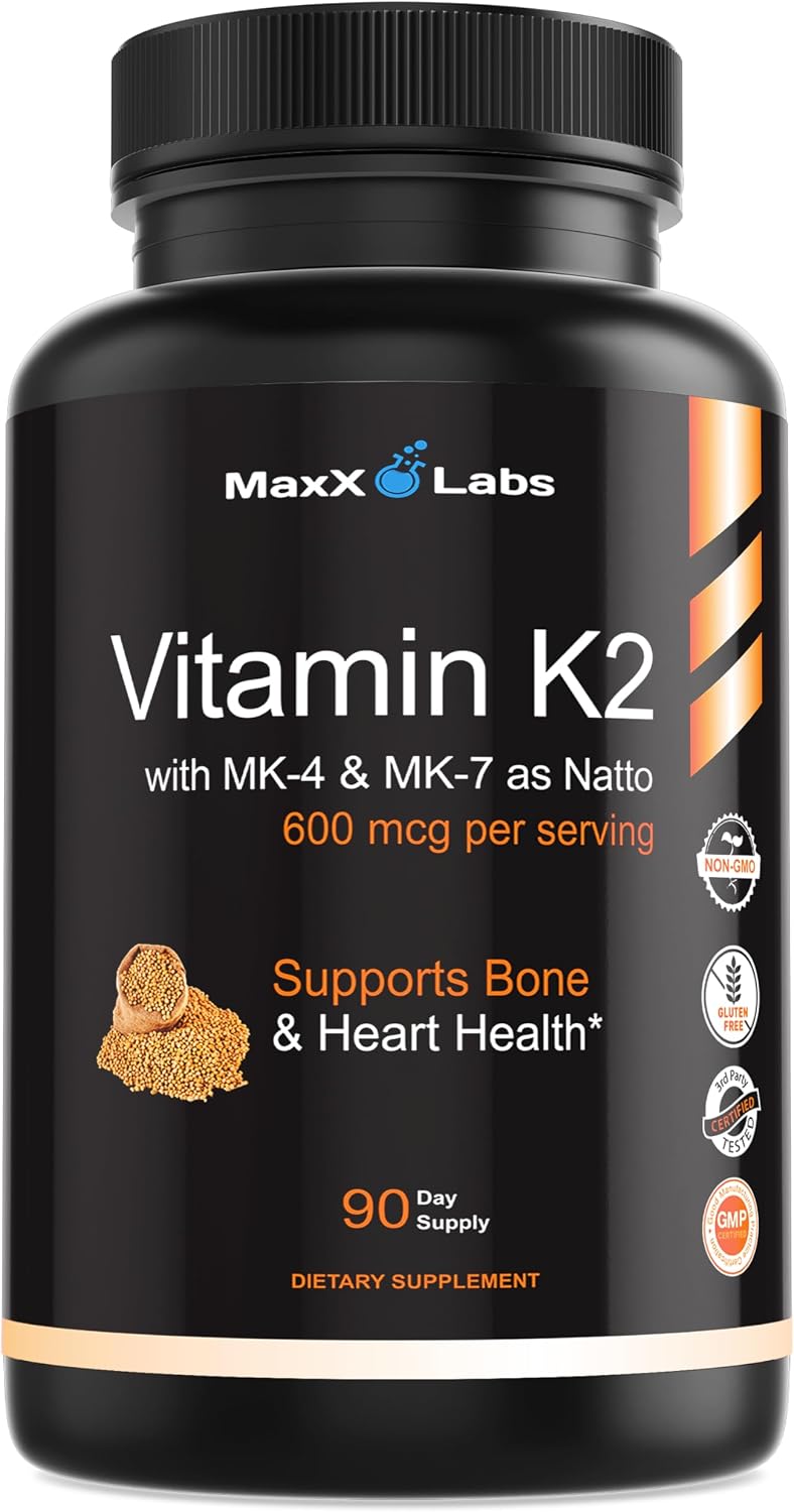 MaxX Labs Vitamina K2 con Vitamina D3 - Complejo K2 MK-7 y MK-4 - 600 mcg - 90 Cápsulas