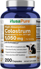 NusaPure Colostro 1050mg con 30% IgG y Bioperina - 200 Cápsulas