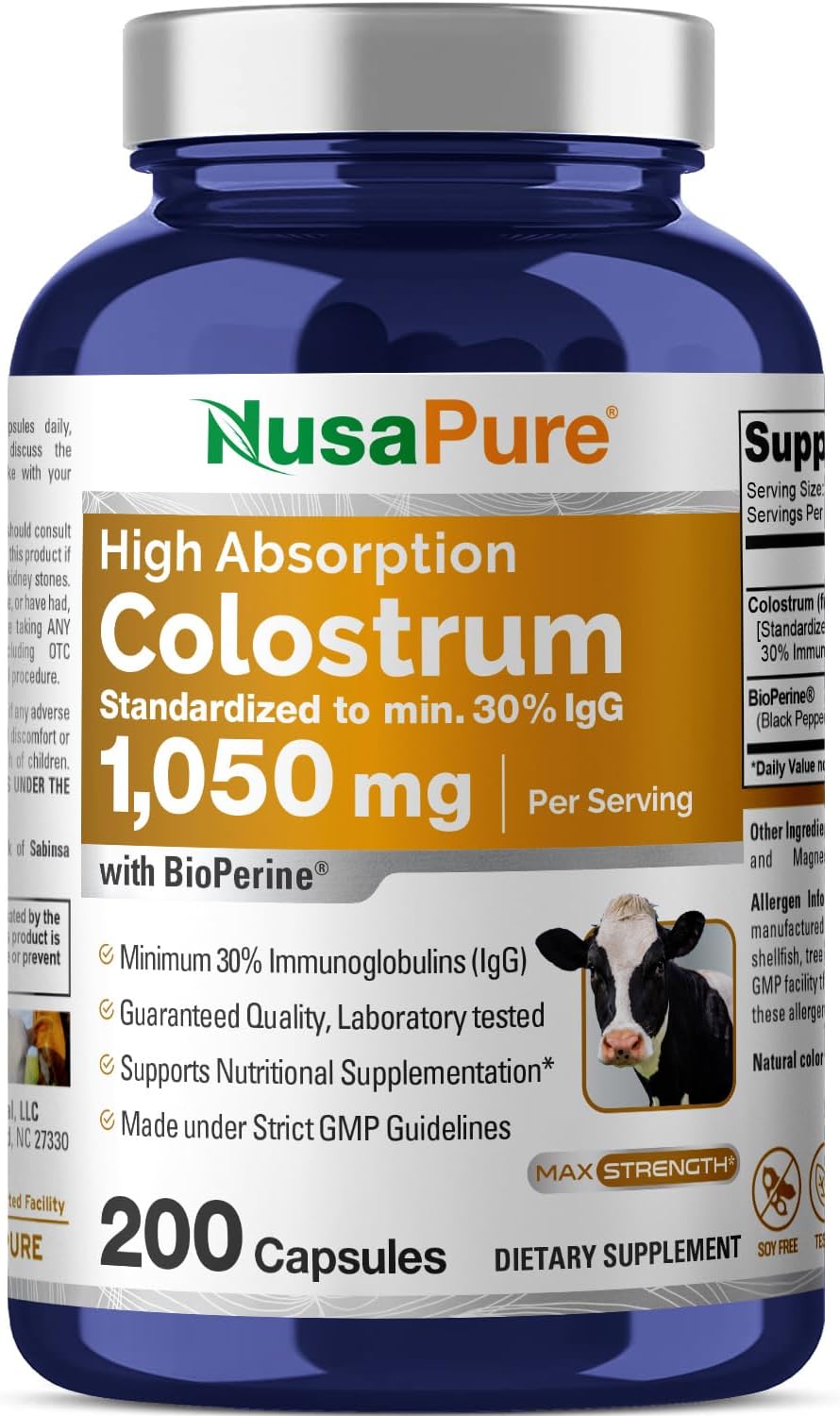 NusaPure Colostro 1050mg con 30% IgG y Bioperina - 200 Cápsulas