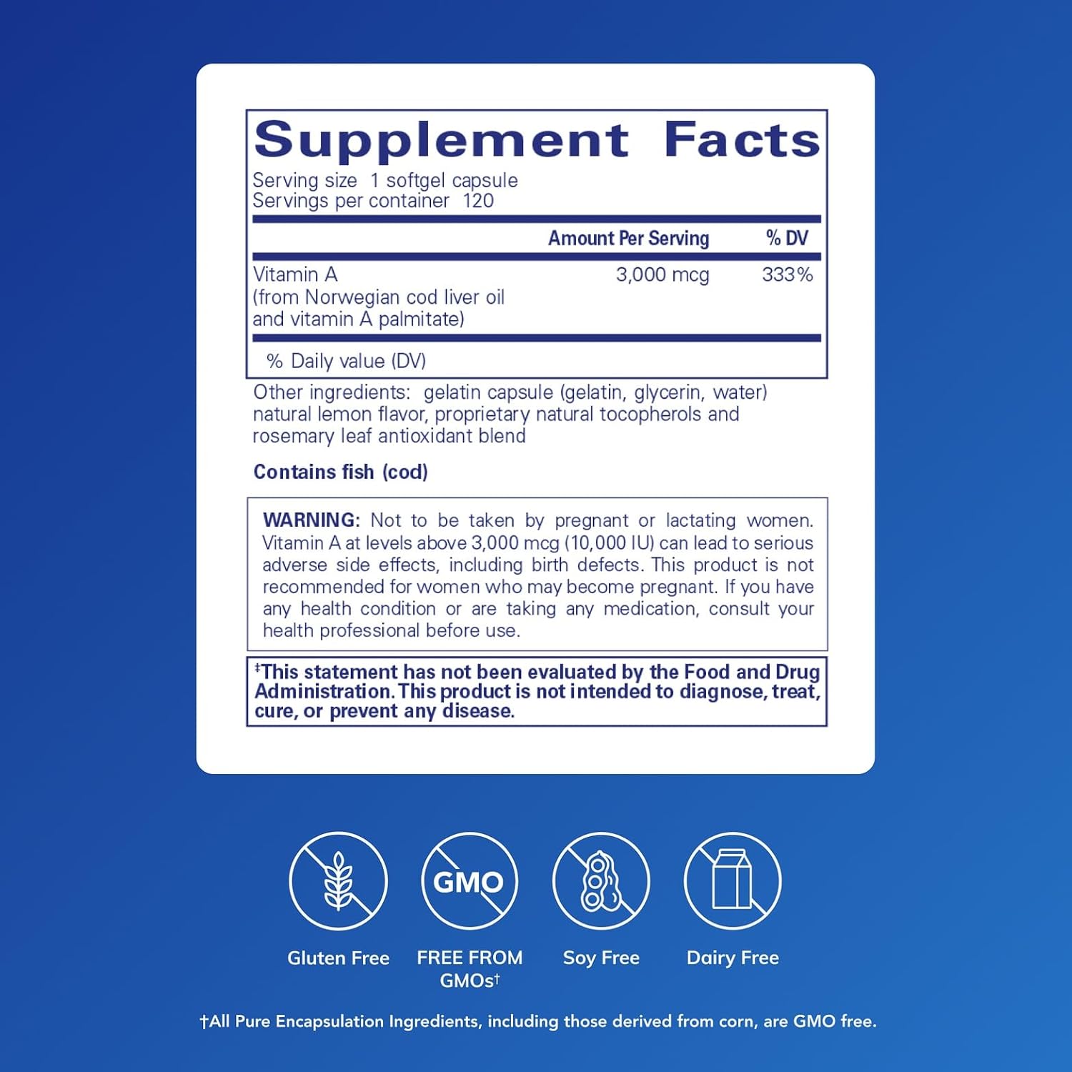 Pure Encapsulations Vitamina A - 3,000 mcg - De aceite de hígado de bacalao - Apoyo inmunológico y de la vista - Suplemento de palmitato de vitamina A - No-GMO - 120 cápsulas blandas