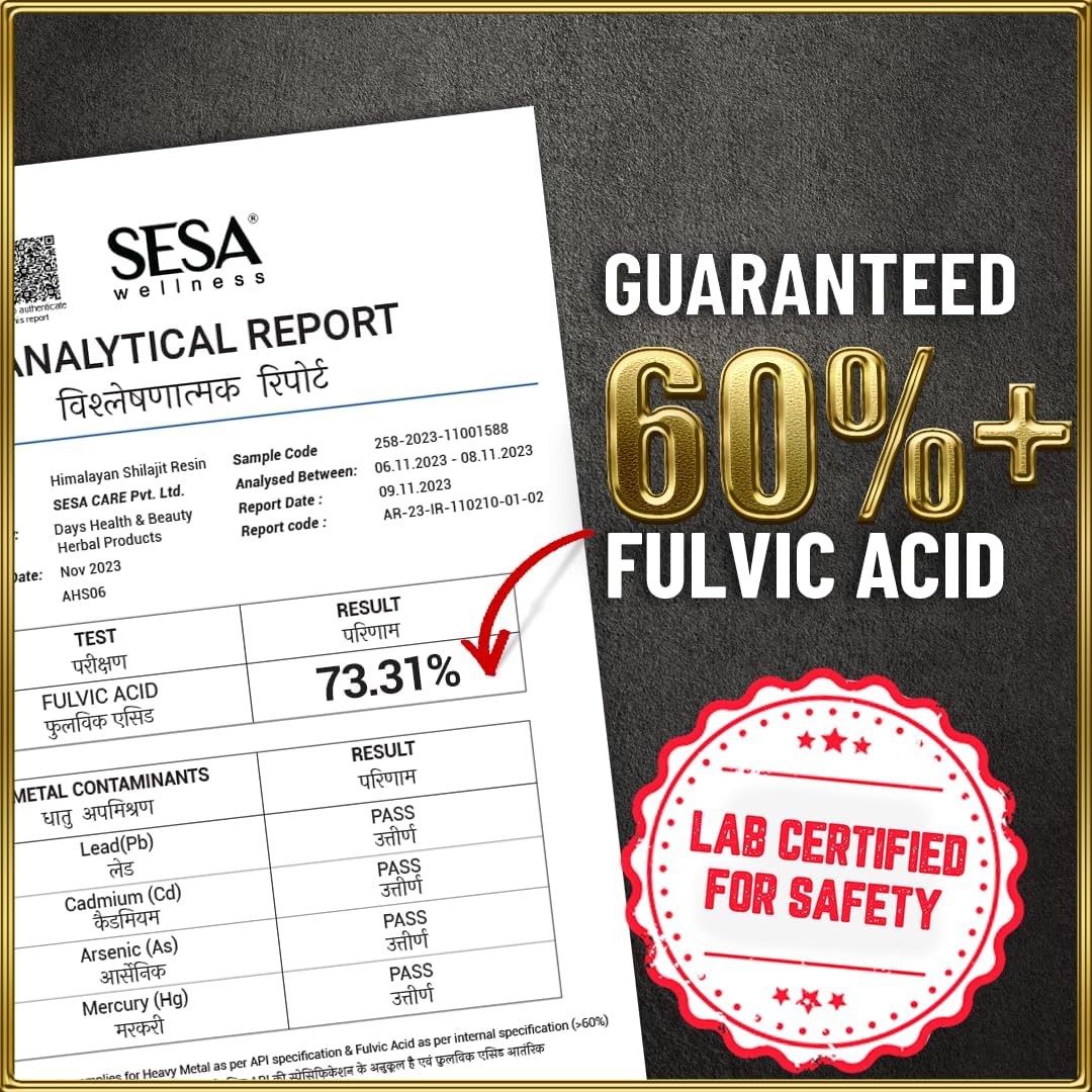 Sesa Himalayan Shilajit Resin – 100% Ayurvédico, 50 dosis de 400 mg con 80+ Minerales Traza y Ácido Fúlvico