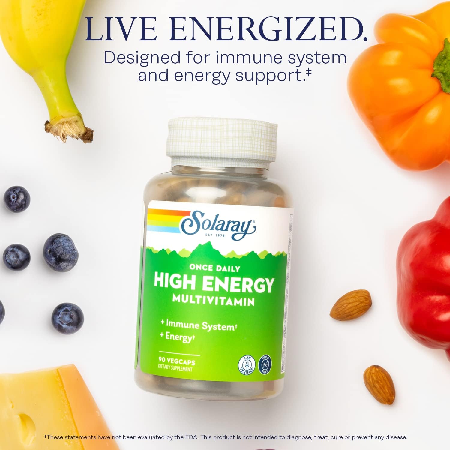 SOLARAY Multivitamínico Diario de Alta Energía, Sin Hierro, con Base de Alimentos Integrales y Hierbas, para Hombres y Mujeres, 90 Cápsulas Vegetales