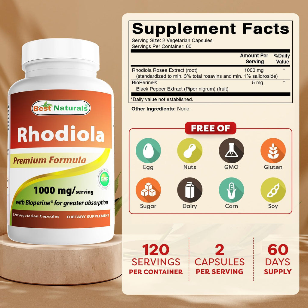 Rhodiola Rosea con Bioperine 1000mg - 120 Cápsulas Veggie