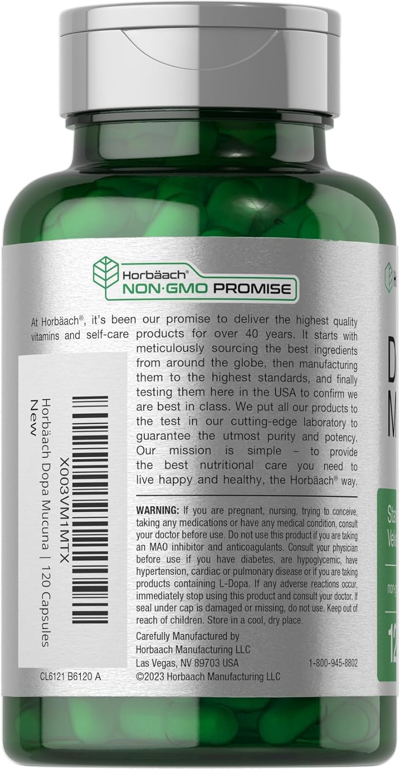 Horbäach Dopa Mucuna Suplemento, 120 Cápsulas, Extracto de Mucuna Pruriens (15% L-Dopa), No OGM y Sin Gluten